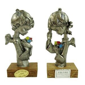 Vintage 1960s Praying Children Angels Pewter Home Altar Figurines